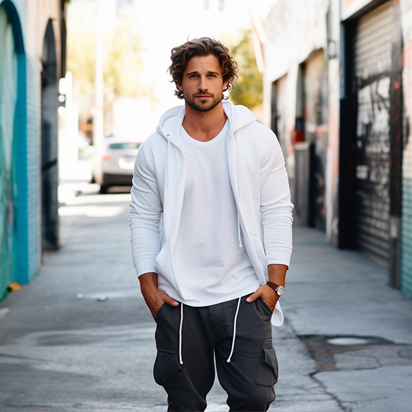 man wearing white zip hoodie lightweight casual streetwear outfit in urban setting