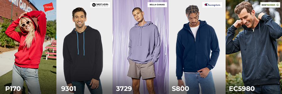 assorted wholesale hoodies from Hanes Next Level Bella Canvas Champion and Econscious brands