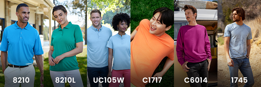 assorted wholesale t shirts and polos from Comfort Colors Gildan Anvil and Team 365 in multiple colors