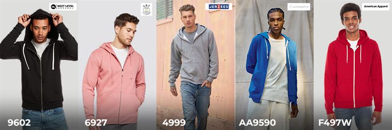 wholesale zip hoodies from Next Level Jerzees and American Apparel in various colors and fits