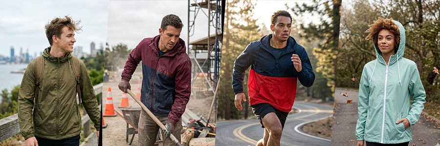 Four individuals wearing different styles of windbreaker jackets for outdoor activities, showcasing various colors and use cases such as hiking, running, and construction work.