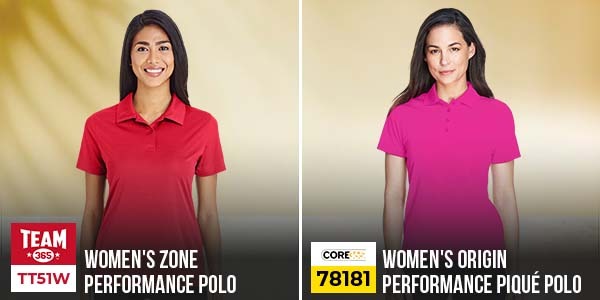 Comparison of Women's Team 365 TT51W Zone Performance Polo (red) vs Core 365 78181 Women's Origin Performance Piqué Polo (pink) for uniforms