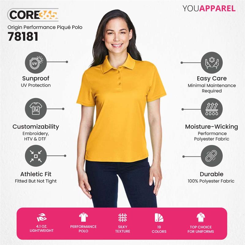 Core 365 78181 Women's Performance Polo - Lightweight, Moisture-Wicking & Perfect for Customization