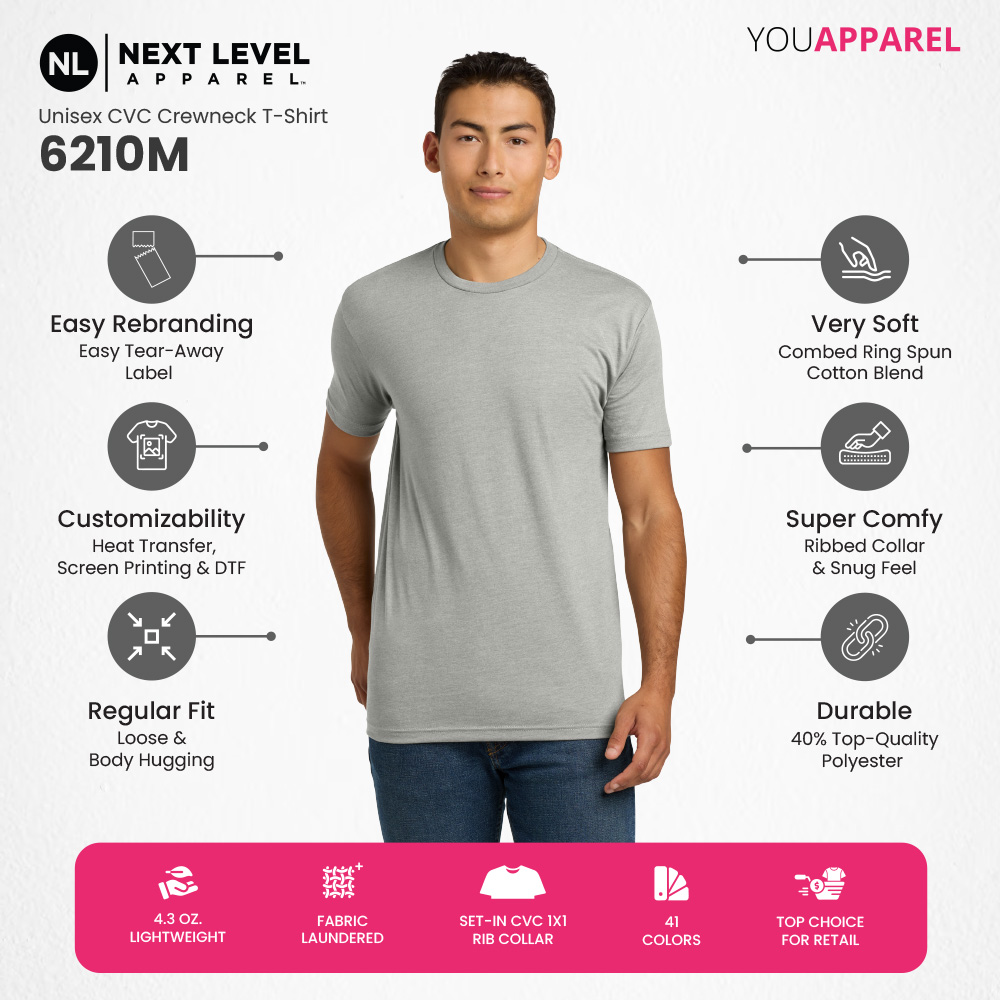 Next Level Apparel Unisex CVC Crewneck T-Shirt 6210M - Soft, Durable, Customizable