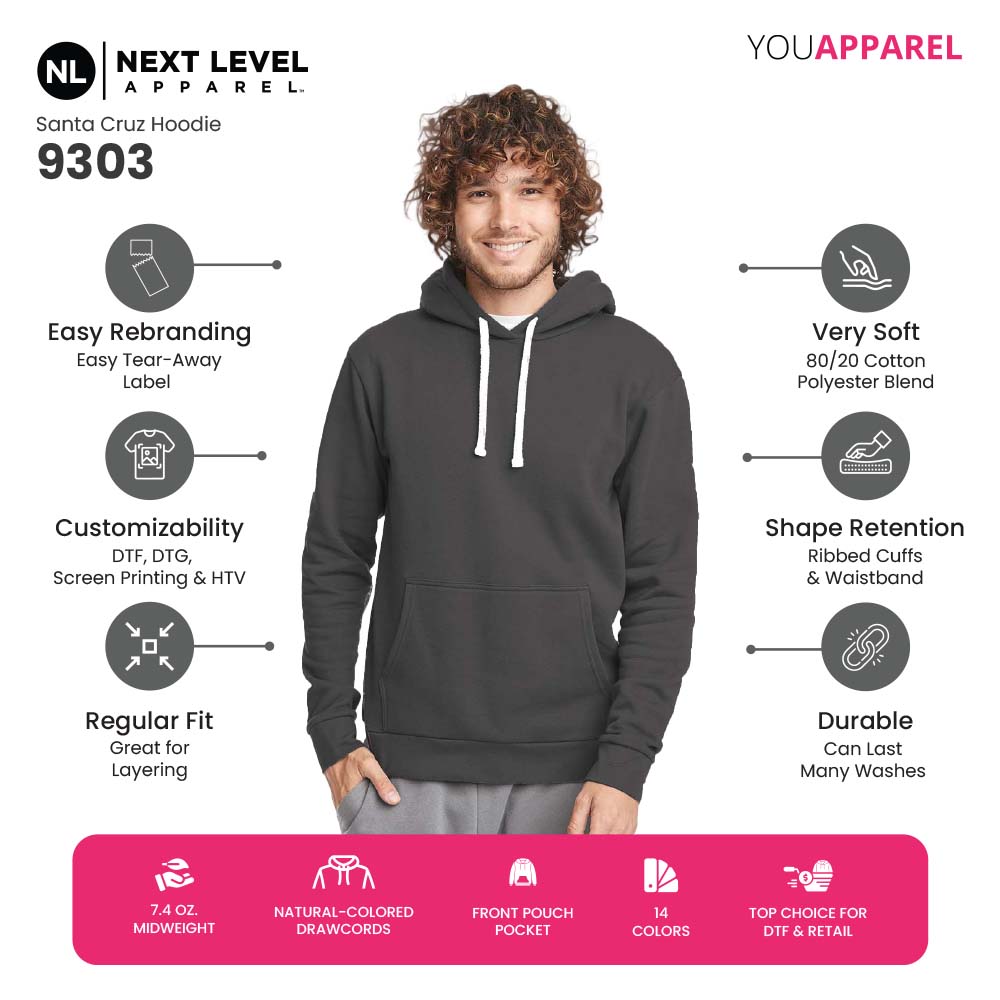 Next Level 9303 Santa Cruz Hoodie Infographic | Unisex Pullover for Wholesale & Custom Printing