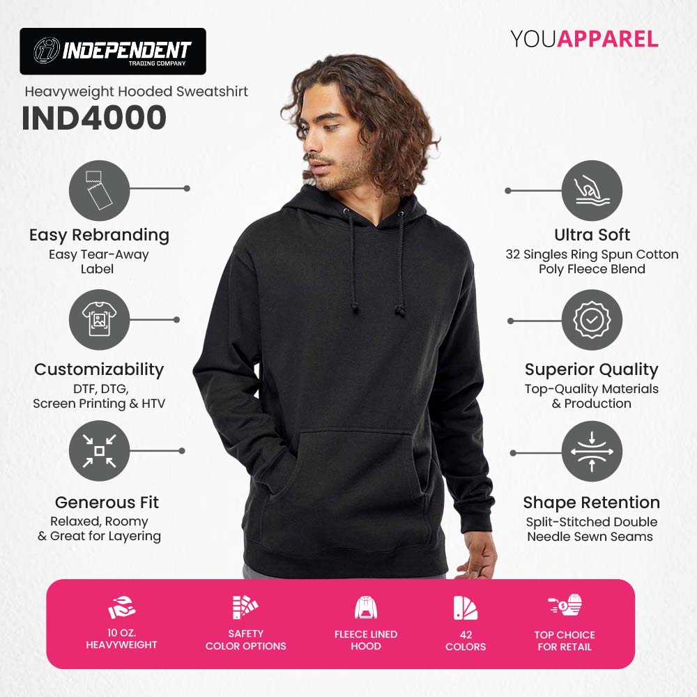Independent Trading IND4000 Heavyweight Hoodie — 32-Singles Softness, Generous Fit & Print-Ready