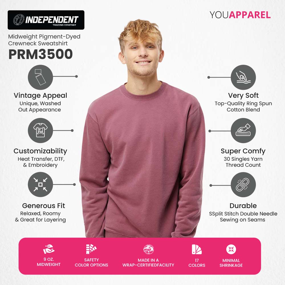 ndependent Trading PRM3500 Pigment-Dyed Midweight Crewneck — Very Soft, 30-Singles, Generous Fit