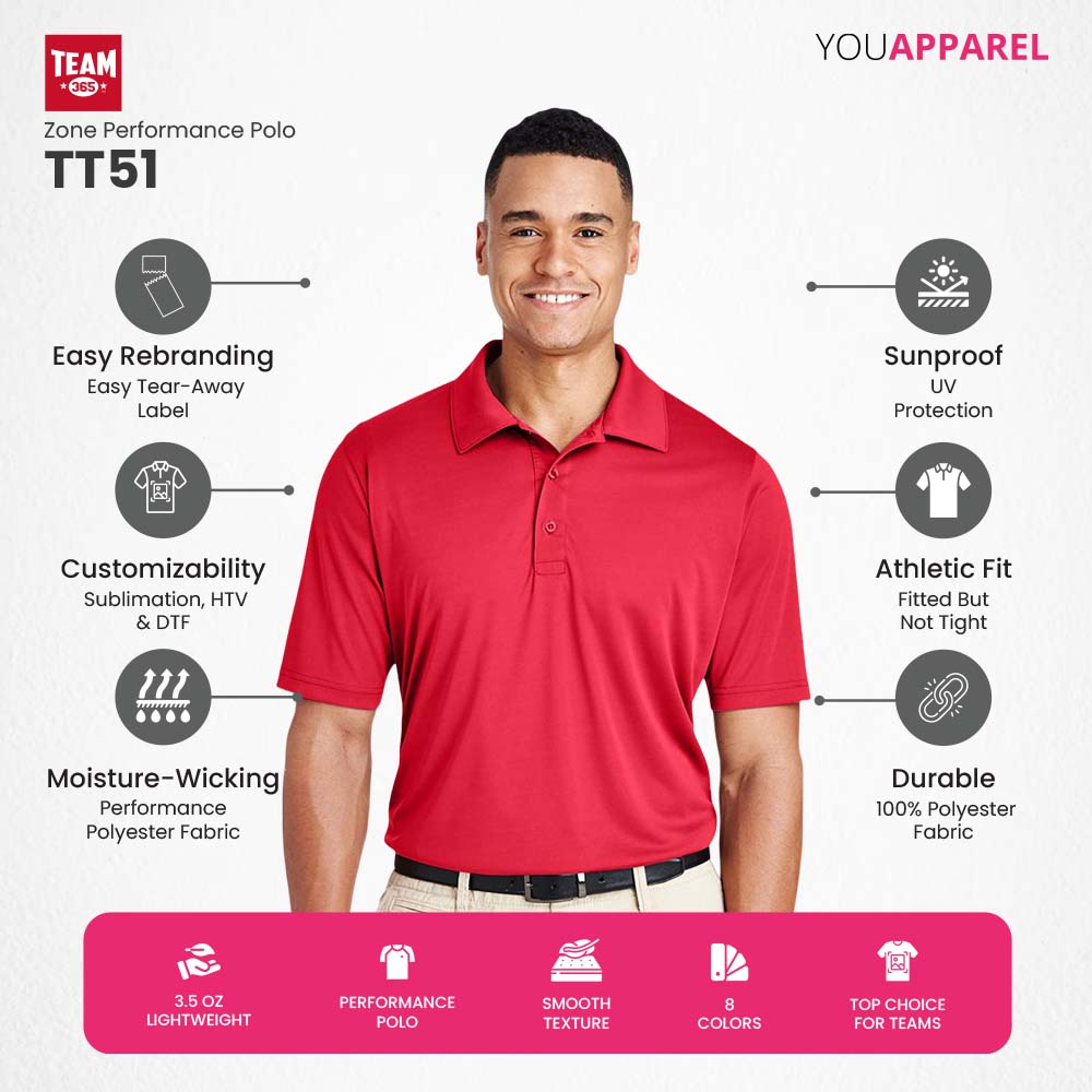Team 365 TT51 Performance Polo — UV 40+, Moisture-Wicking, Uniform-Ready