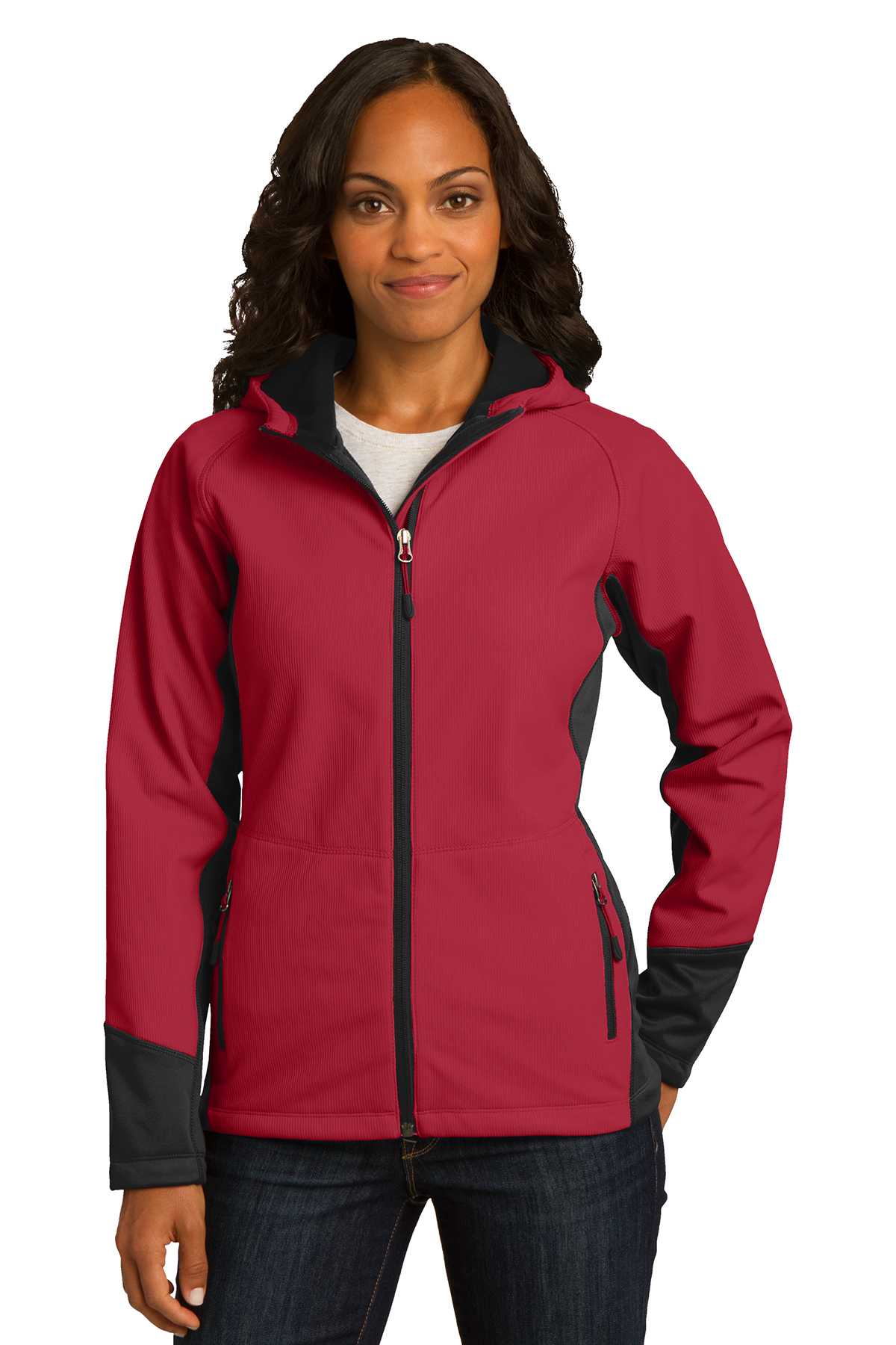 DISCONTINUED  Port Authority Ladies Vertical Hooded Soft Shell Jacket. L319
